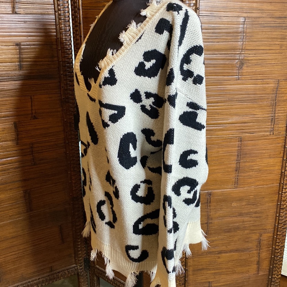 Women’s Cream and Black Distressed Leopard Print Sweater - Picture 5 of 7